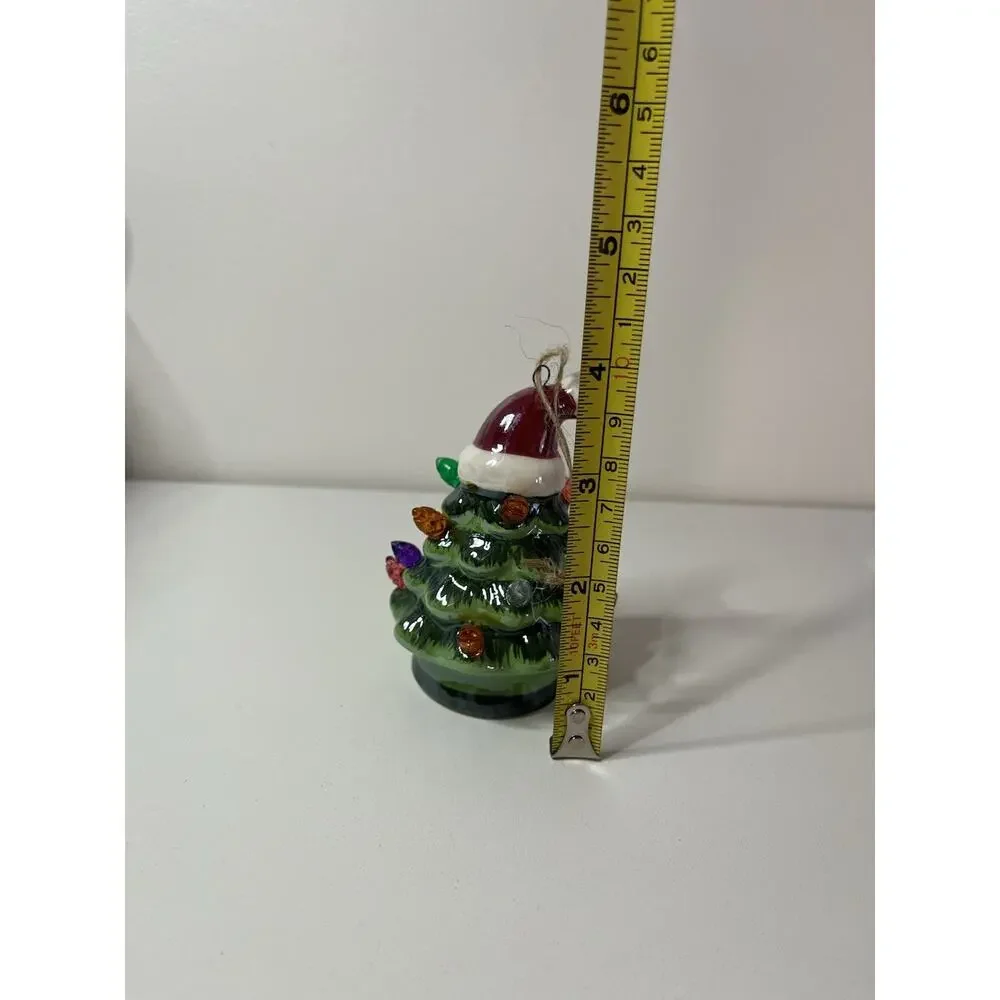 Green Ceramic Christmas Tree Light Up Ornament Santa Hat Working! VTG Xmas